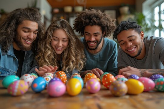 Decorating Eggs: A group of friends or family members sits around a table, meticulously decorating Easter eggs with vibrant colors, glitter, and intricate designs, showcasing their creativity and arti