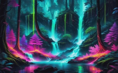 Fantasy of neon waterfall in deep forest glowing colorful look like fairytale 2d illustration 