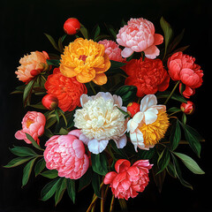 multi shades peonies on a black background iny