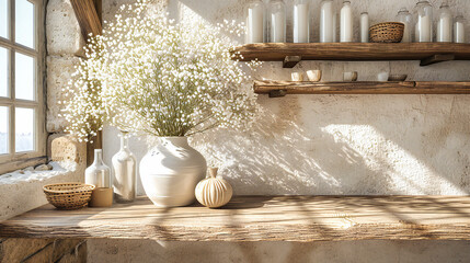 A rustic vase of flowers on a vintage wooden shelf, bringing a touch of spring freshness and simplicity into the home