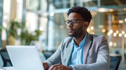 Fototapeta premium A professional is focused on working on a laptop at an office desk, with documents spread out and a casual yet smart style.