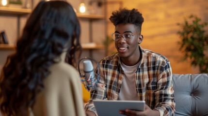young person with glasses is smiling at a person holding a tablet, with a microphone in the foreground, suggesting an interview or podcast setting.