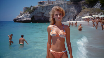 Obraz premium Young lady in color photograph, Tropea Beach, Italy, 1970s.