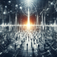 An intricate dance of connectivity that binds humanity together. Show a colorful and abstract representation of people from different cultures and backgrounds holding hands and forming a circle around