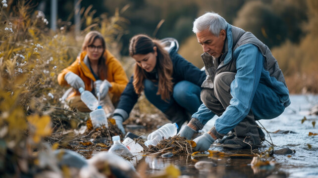 Multi-generational volunteers participating in a river cleanup, symbolising community-driven initiatives for environmental conservation