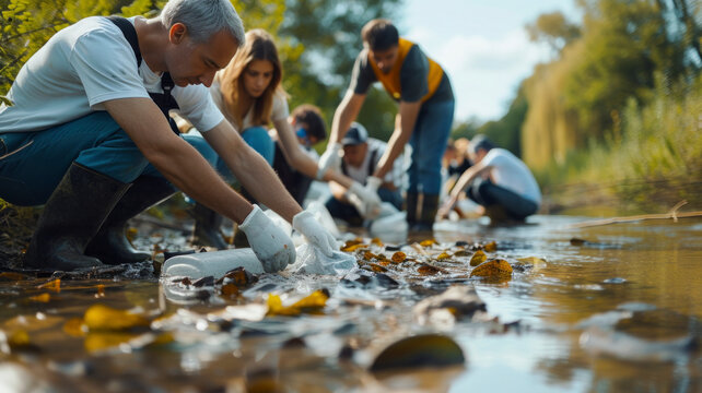 Multi-generational volunteers participating in a river cleanup, symbolising community-driven initiatives for environmental conservation