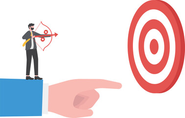 Business advantage or efficiency. businessman Stand and holding a bow on the giant hand pointing to the target, business direction to achieve goal or target

