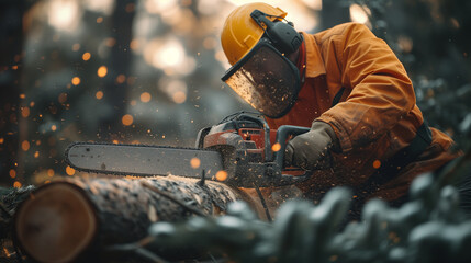 a male worker in the forest in a full protective suit with a chainsaw is sawing a wooden log