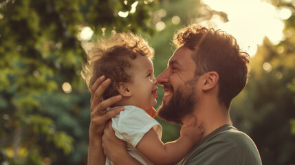 Obraz premium joyous moment between a father and his young child, both with curly hair, smiling and laughing together in a close, loving embrace
