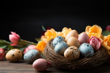 Easter painted eggs in nest and tulip flowers for festive holiday on dark background. Greeting card with copy space. View from above. Banner.