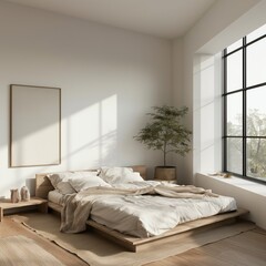 Cozy spacious bedroom interior with big window, white wall, wooden floor, big bed and minimalist decoration