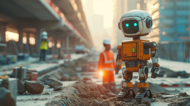 sci fi robot engineer and a man inspection construction work with a robot worker and construction site,generative ai