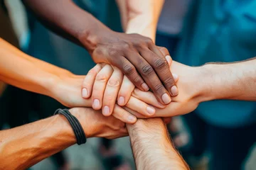 Fotobehang close up of a group of people of different ethnicities holding hands in brotherhood © chandlervid85
