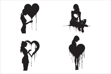 Broken heart gothic vector Silhouette set, love sign gothic Silhouette and cracked grunge Silhouette shapes.