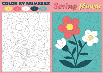 Paint color by numbers. Number coloring page. Spring educational game with flower. Fun math puzzle activities for kids. Printable vector worksheet activity for children. 
