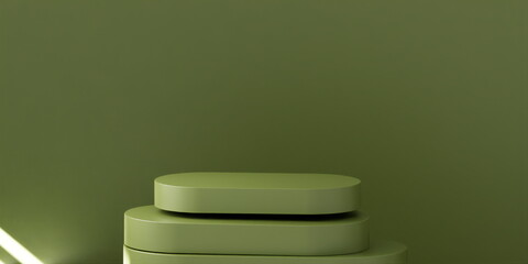 Product Podium - Olive color Oblong Podium, Olive Background. Light coming through window. 3D Illustration
