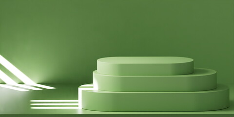 Product Podium - Green color Oblong Podium, Green Background. Light coming through window. 3D Illustration