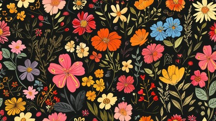 Handdrawn flower, boho, , seamless pattern isolated on black background. Generative Ai