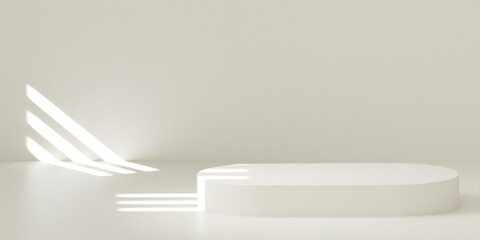 Product Podium - cream color Oblong Podium, cream Background.  Light coming through window. 3D Illustration