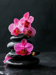 Fototapeta na wymiar pink orchid flower on spa on black background in the 