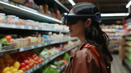Fototapeta na wymiar A young woman in casual clothing is immersed in a virtual experience using a high-tech virtual reality headset while standing in the grocery aisle of a supermarket. 