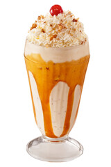 milk shake de baunilha com calda de caramelo e cobertura de chantilly isolado em fundo transparente