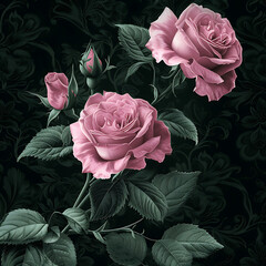 pink roses are shown on a black background iny