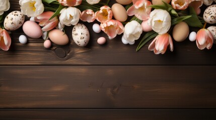 Fototapeta na wymiar colorful easter background with tulips on wooden board. find similar images with different formats in my portfolio. 