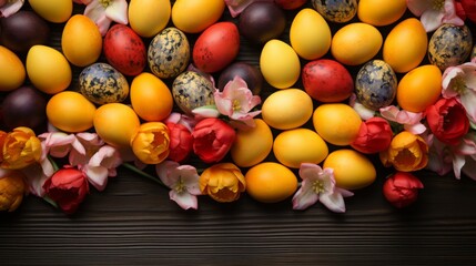 colorful easter background with tulips on wooden board. find similar images with different formats in my portfolio.  - obrazy, fototapety, plakaty