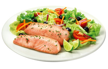 prato com salmão grelhado acompanhado de salada de folhas verde, tomate e azeitonas pretas isolado em fundo transparente