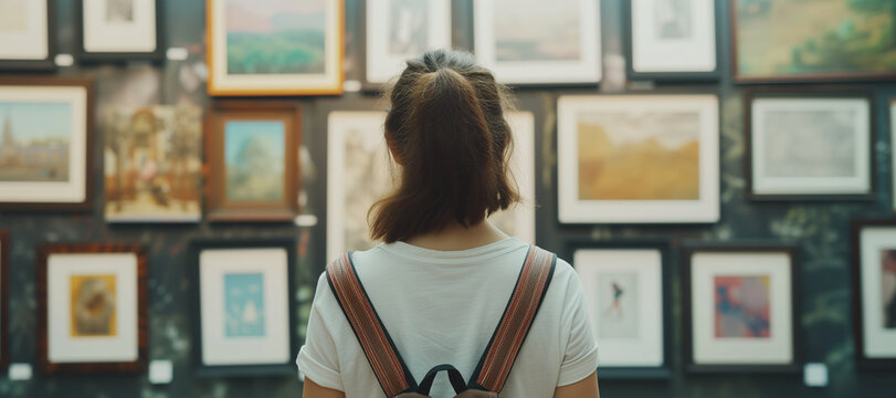 Woman visiting art gallery her looking pictures on wall watching photo frame painting at artwork museum people lifestyle concept