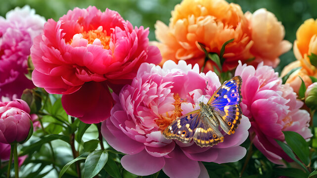 lesser purple emperor butterfly. bright blue butterfly on colorful peonies flowers