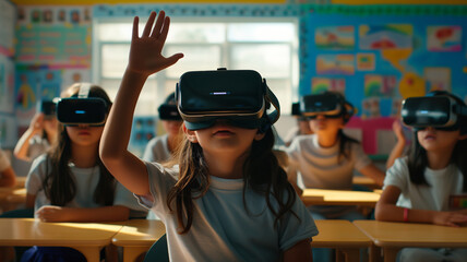 Fototapeta na wymiar A group of diverse elementary school children are engaged in a futuristic learning activity, wearing virtual reality headsets in a bright, colorful classroom.
