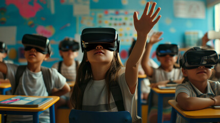 Obraz premium A group of diverse elementary school children are engaged in a futuristic learning activity, wearing virtual reality headsets in a bright, colorful classroom.