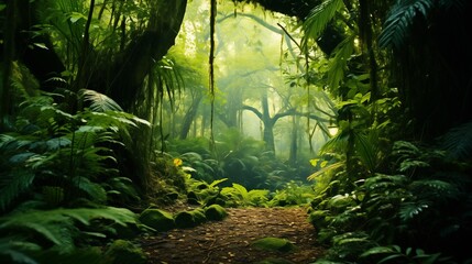 An immersive image depicting the deep tropical jungles of Southeast Asia, featuring a lush green trees tunnel creating an extra-wide background banner. 