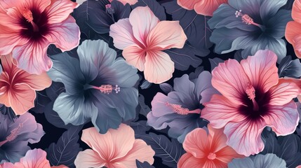 Hibiscus flowers, boho, dark pastel, seamless pattern. Generative Ai