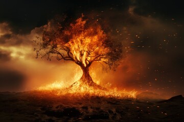 cinematic scene of a burning tree on a hill. dramatic cloudy sky. 