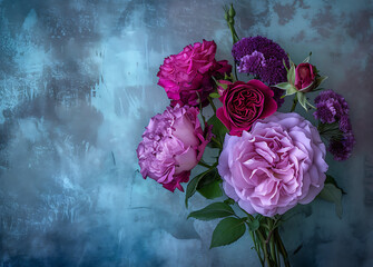 roses carnations purples and roses in a blue backgrou