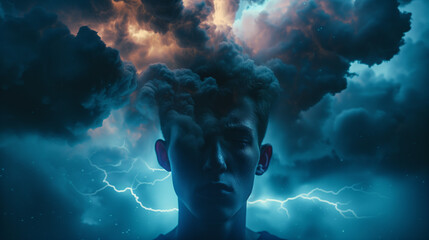 A young man with a dark cloud and lightning within his mind. Concept of depression and other mental illnesses - obrazy, fototapety, plakaty