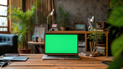 Laptop with green screen mock up lying on table. Computer with chroma key template. MacBook display close up. Business mockup empty blank space. Modern gadget on wooden table in horizontal position.