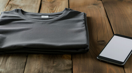 Top view of blank grey tshirt unisex mockup with empty screen smartphone for design template on wood background