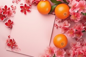 Flat lay Chinese New Year. Blank paper mockup with mandarins