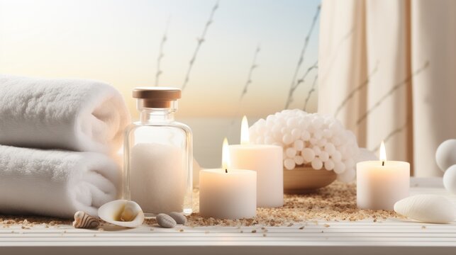 An inviting image featuring beauty treatment items for spa procedures arranged on a white wooden table. 