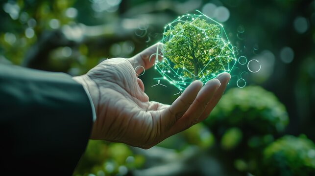A conceptual image of a hand displaying a holographic interface with a vibrant tree, symbolizing advanced technology in harmony with nature.