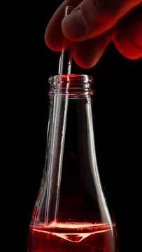 Vertical video. Red soda in a glass bottle is stirred with a transparent straw, creating a vortex inside. Against a black background.