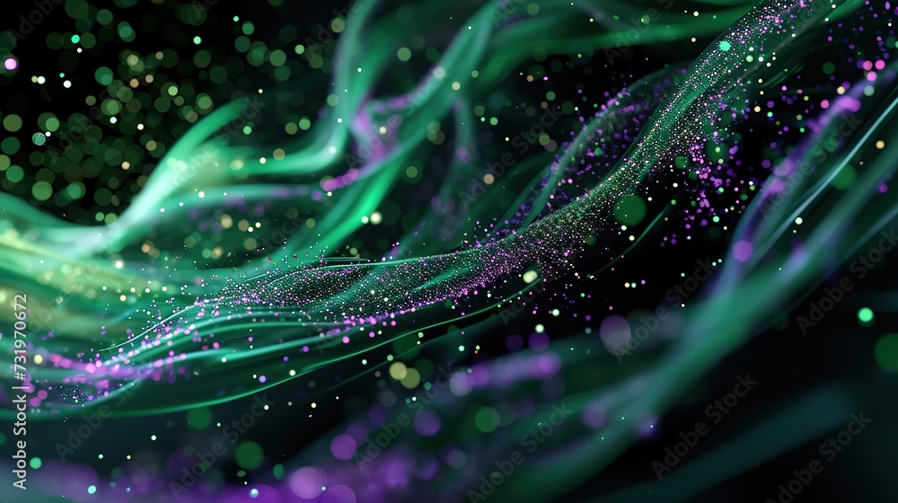 Poster a mesmerizing abstract display of neon green and purple light particles flowing in motion on a dark 