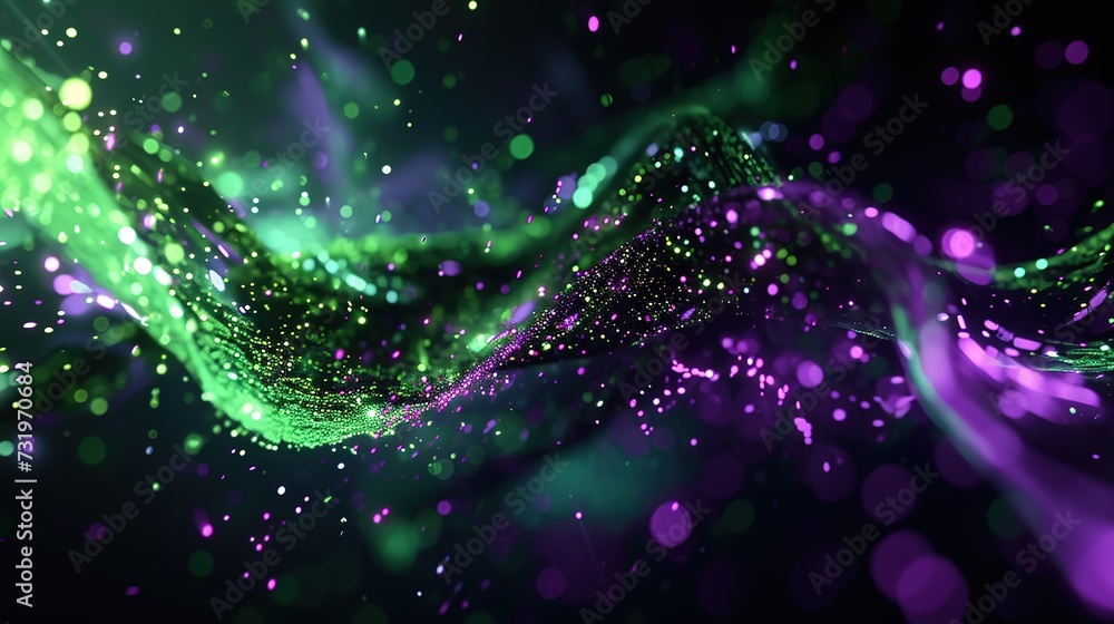 Poster digital abstract of a dynamic wave pattern with neon green and purple lights and sparkling particles
