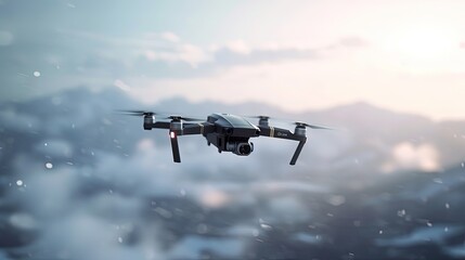 A quadcopter drone with a camera hovers mid-air with a snowy mountain landscape and sunlit clouds in the background.