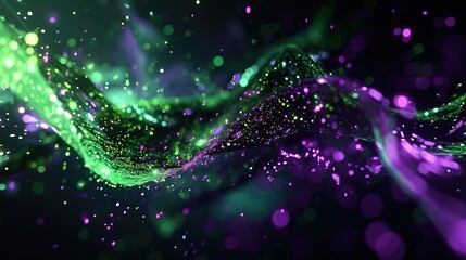Digital abstract of a dynamic wave pattern with neon green and purple lights and sparkling particles against a dark background. - obrazy, fototapety, plakaty