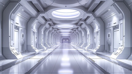 sleek, futuristic spaceship corridor gleams with white and blue light, evoking a sense of advanced technology and interstellar travel